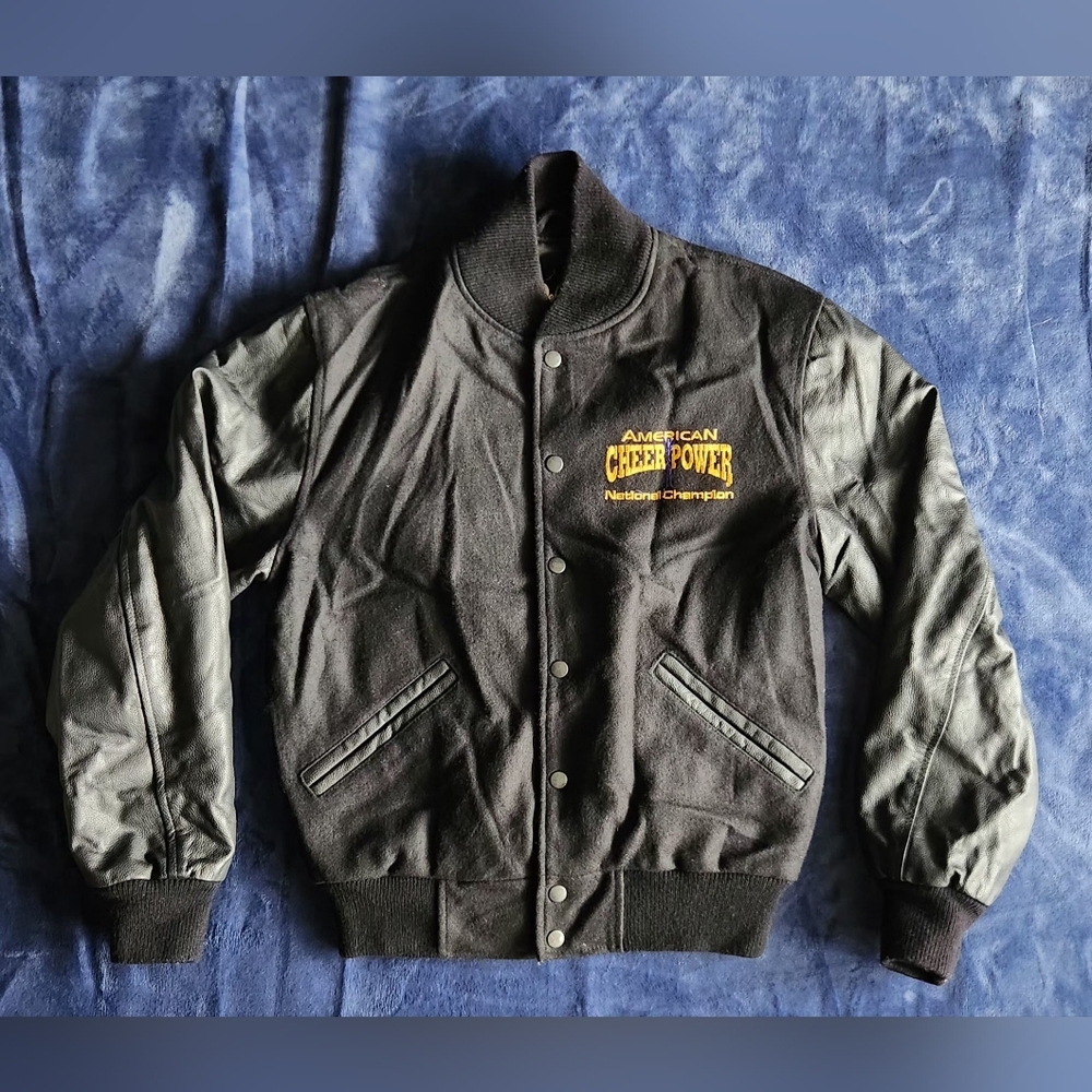 VINTAGE Letterman Jacket Cheer Power National Champion Black Leather Wool Women